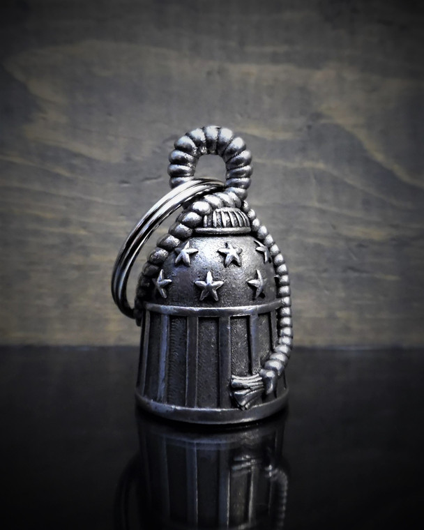 Stars & Stripes Motorcycle Bravo Bell – front view featuring detailed stars and stripes design, crafted from lead-free pewter