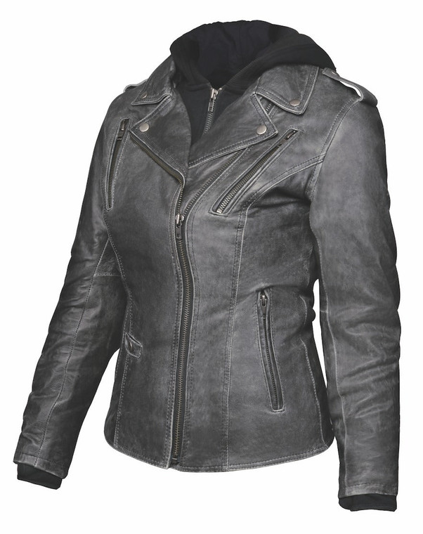 Unik ladies distressed gray leather motorcycle jacket with premium cowhide, asymmetrical zipper, and weathered finish
