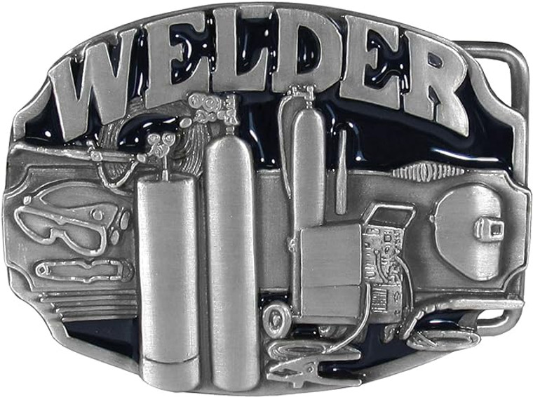 Welder belt buckle with enamel and welding accessories