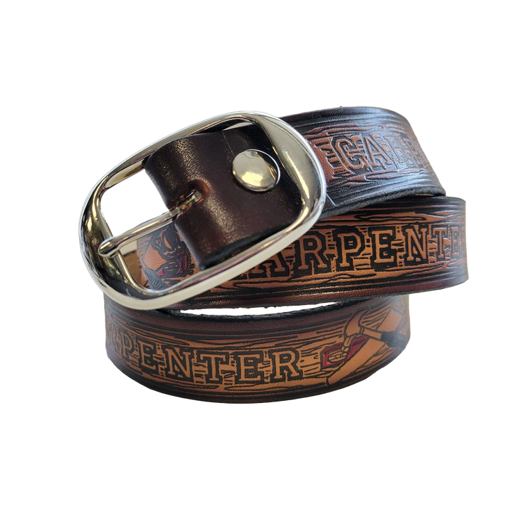 USA-made genuine cowhide leather belt embossed with carpenter tools – snap-off buckle