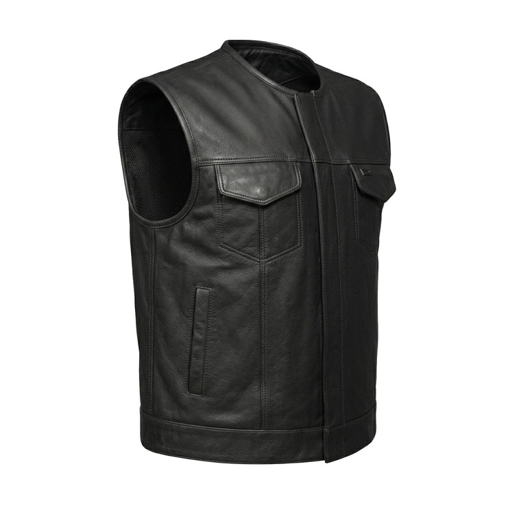 Collarless Short Leather Motorcycle Vest with Concealed Carry Pockets and Zip Closure
