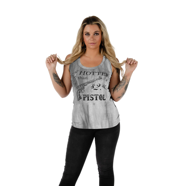 Hotter Than a Pistol Ladies Tank by Liberty Wear, USA Made, featuring distressed foil pistol graphic on grey mineral wash tank with black lace racerback