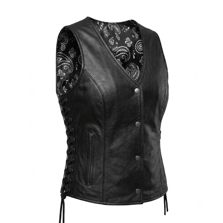 Unik Ladies Lambskin Biker Vest with Black-and-White Paisley Lining and Snap Front Closure