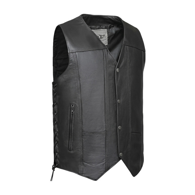 Unik 10 pocket men's black cowhide leather motorcycle vest with snap front closure