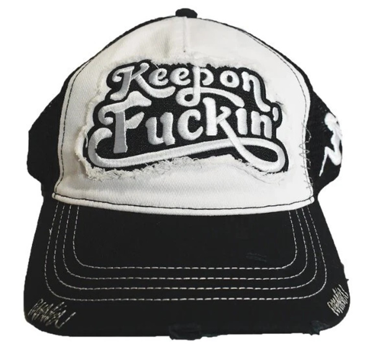 Keep On F*ckin' snap back trucker hat with embroidered Down N' Out design