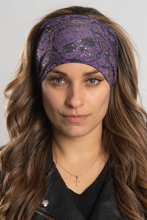 Purple Paisley Skull Gems Biker Headband by Hair Glove - Black EZ Bandz with gemstone-embellished skull