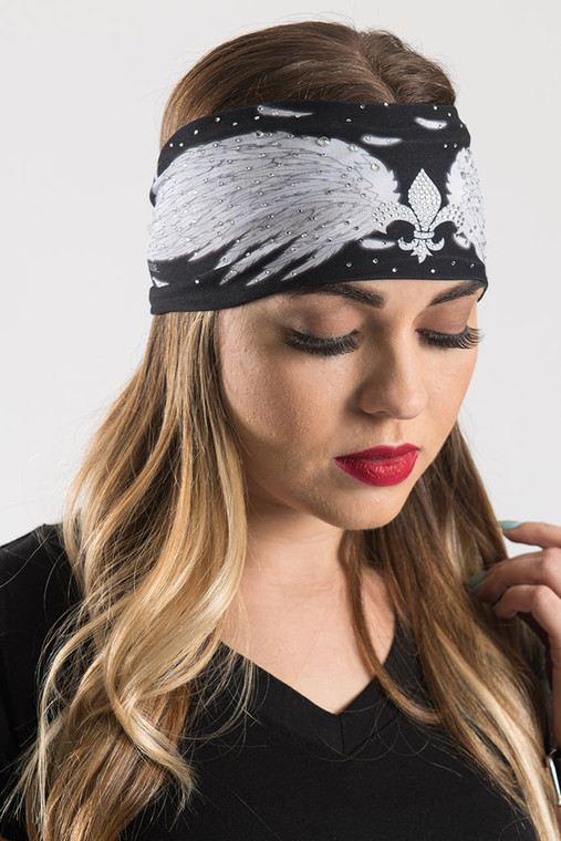 Hair Glove Angel Wings Gems Biker Headband - Black cotton-spandex with rhinestone angel wing design