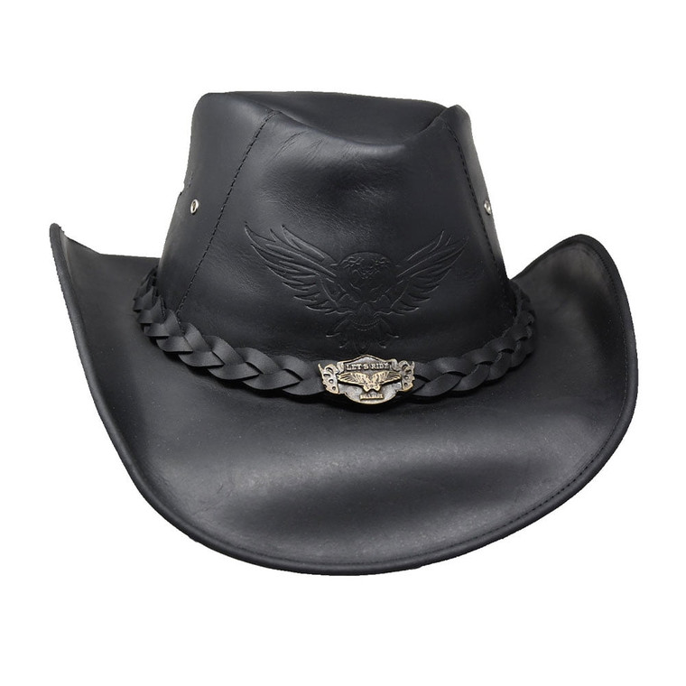 Skull Embossed Black Leather Cowboy Hat with Braided Band by Bullhide
