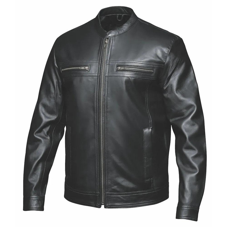 Unik brand men's black lightweight lambskin leather moto jacket front view