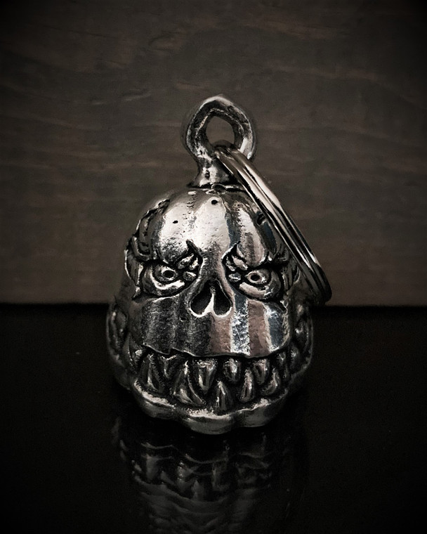 Jack O'Lantern 3D motorcycle guardian bell in lead-free pewter with split ring and velvet pouch