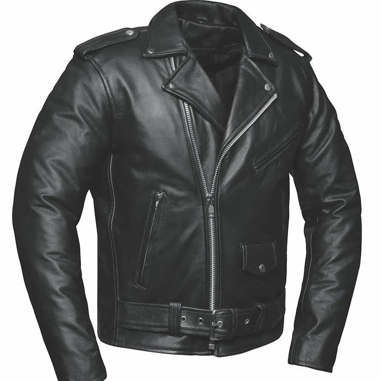 Unik Brando leather motorcycle jacket with an angular lapel, zip pockets, and half-belt