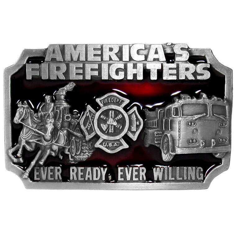 American Fire Fighters enameled belt buckle red enamel firefighter cross emblem