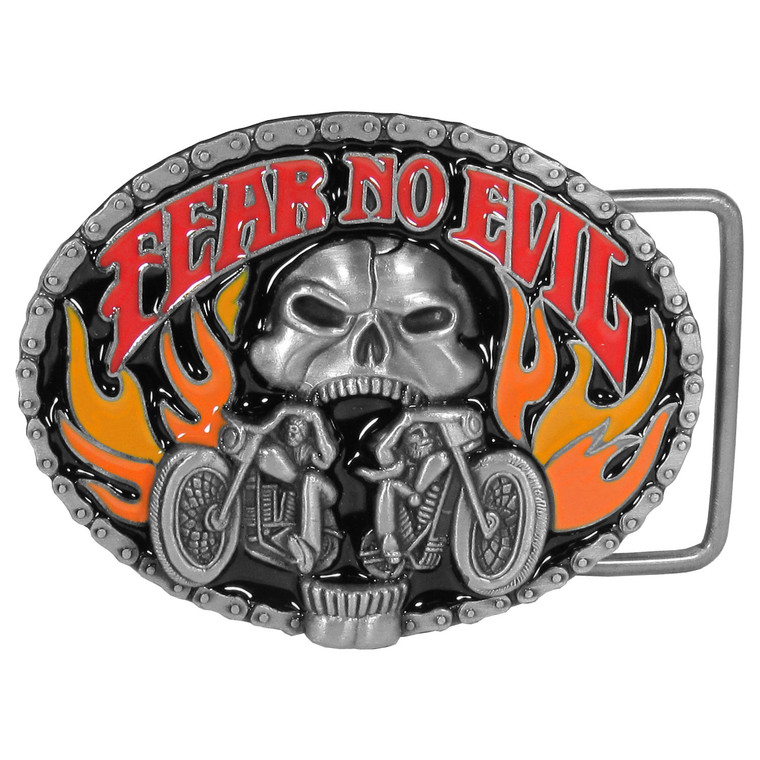 Fear No Evil Skull/Motorcycle Enameled Belt Buckle