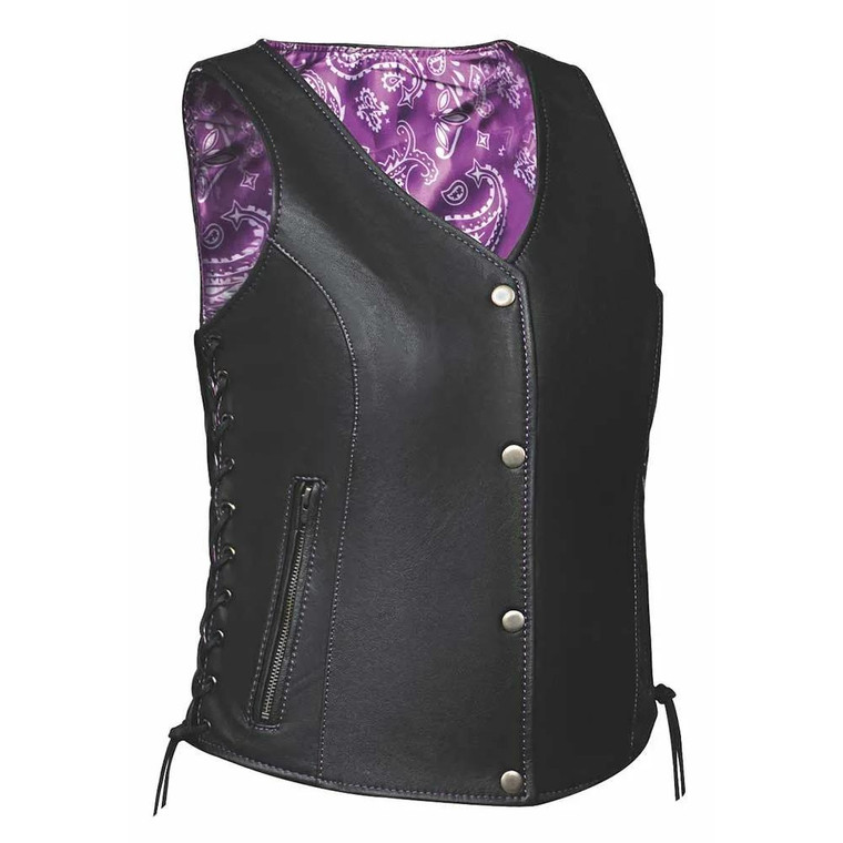 Women's lambskin leather motorcycle vest with purple paisley lining