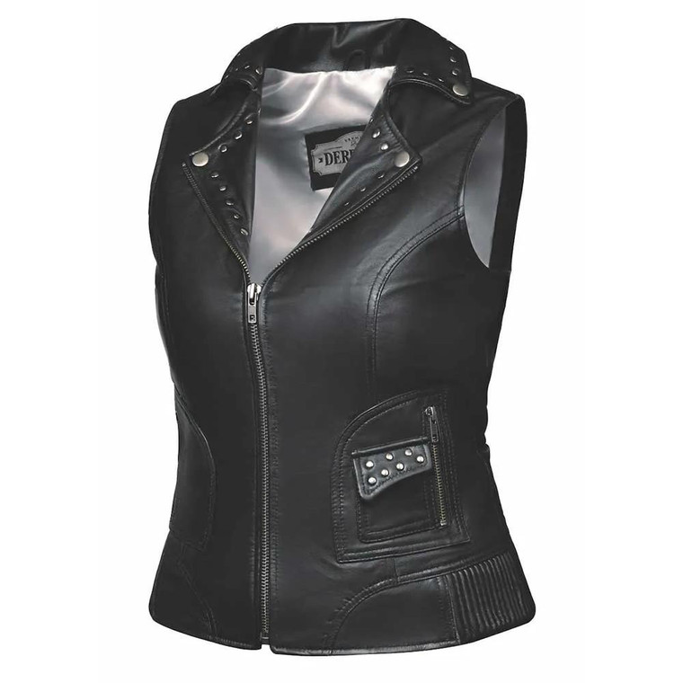 Ladies Studded Soft Leather Biker Vest w/ Lapel by Unik