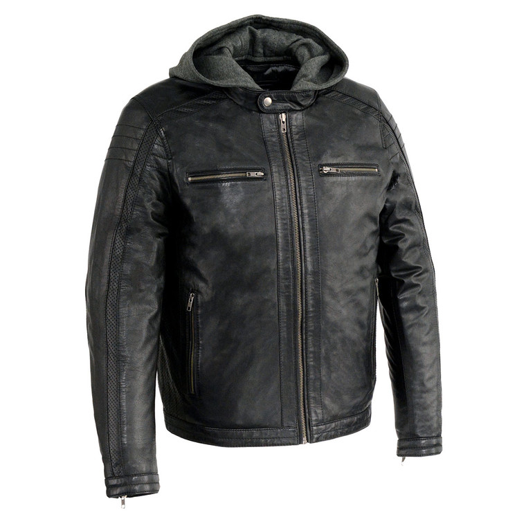 Milwaukee Leather Men's Black Racer Leather Jacket with Hoodie SFM1845