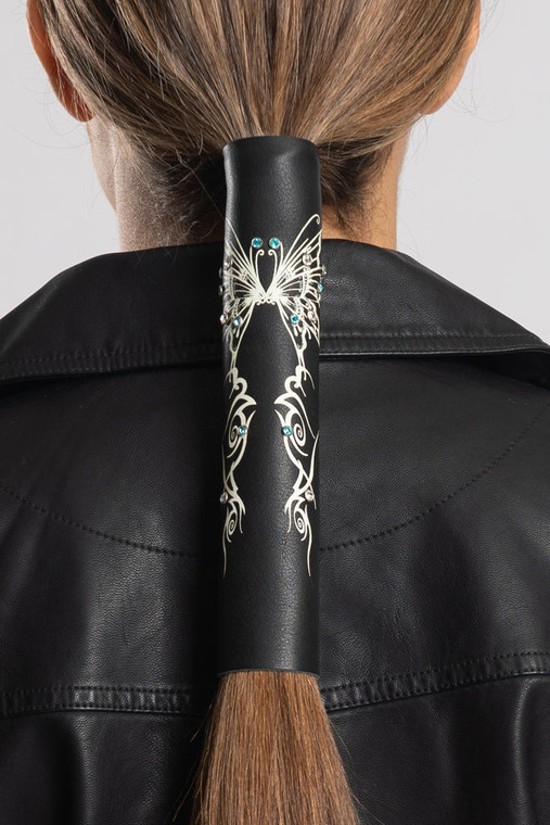 Tribal Butterfly Black Leather Biker Hair Glove 8-Inch Hair Wrap