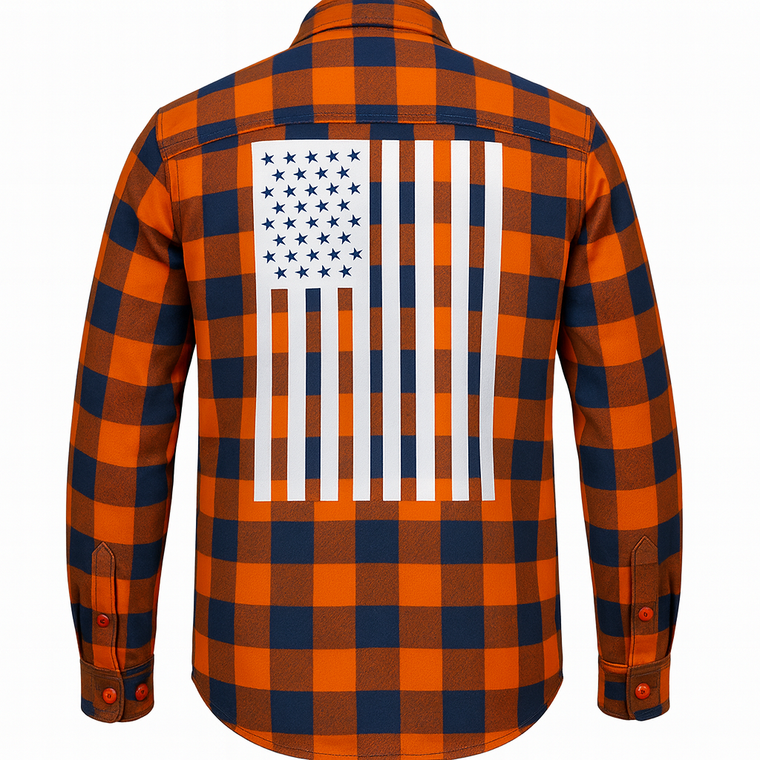 Reflective Flag Orange Flannel Motorcycle Shirt