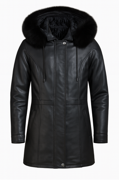 Women’s black faux fur hooded mid-length leather jacket