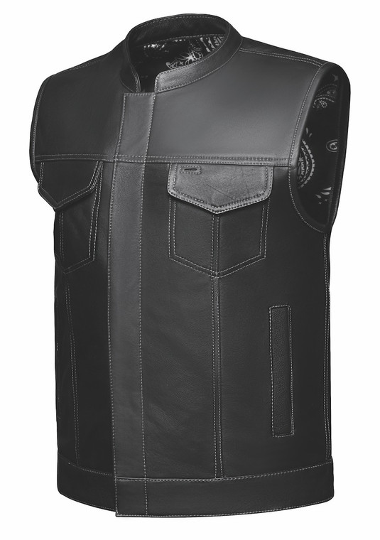 Leather Motorcycle Vest by Unik with paisley lining and concealed carry pockets