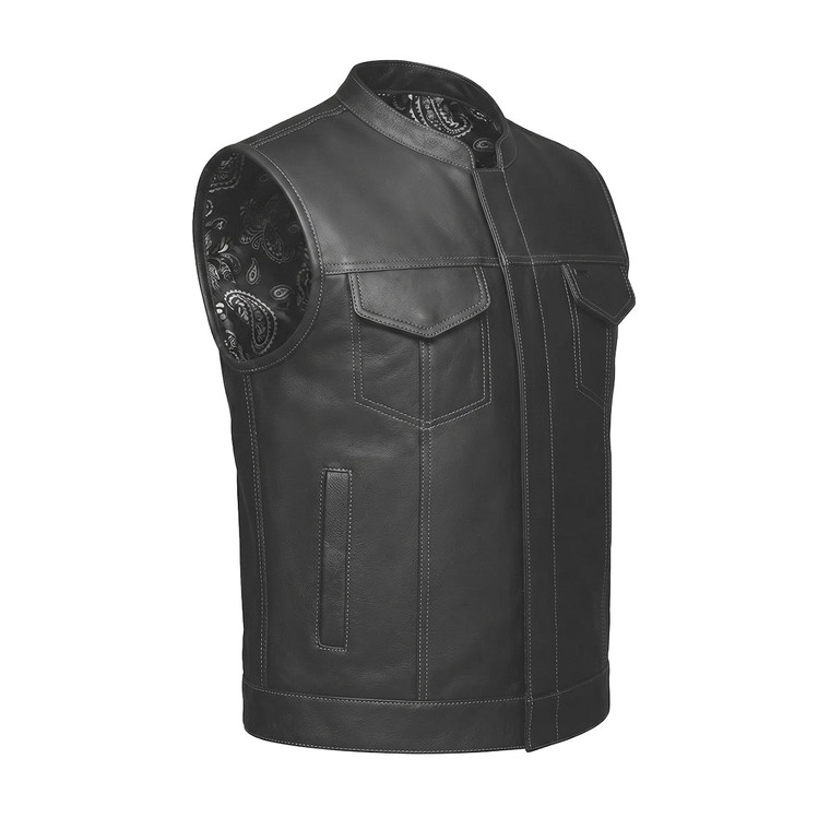 Unik men's black leather club style motorcycle vest with front zipper and snap closure