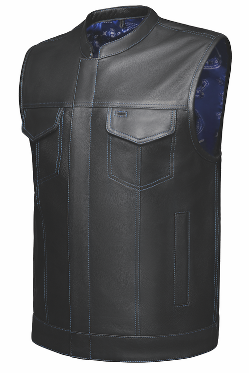 Blue Paisley Lined Leather Motorcycle Vest by Unik
