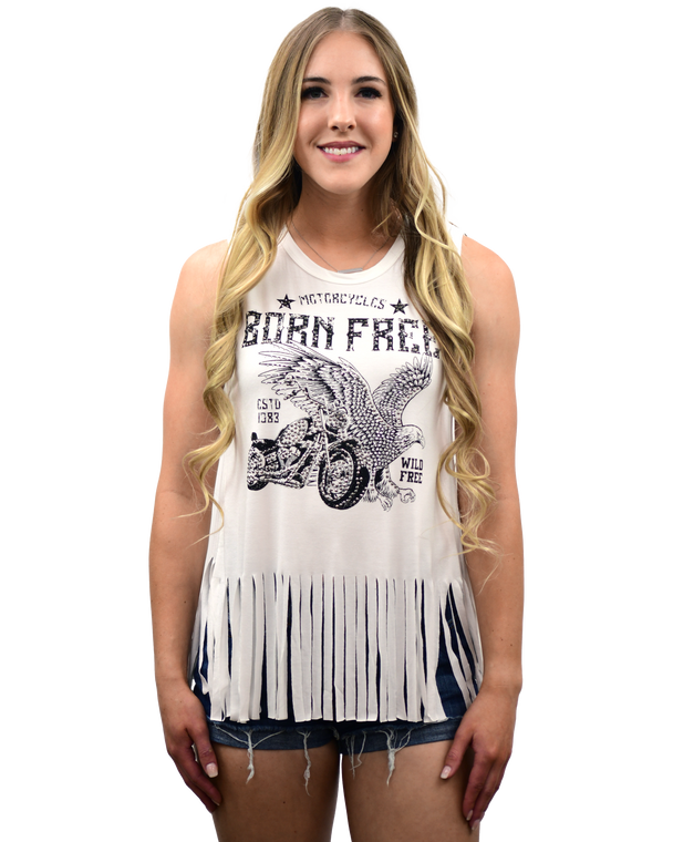 Born Free Bling fringe tank top by Liberty-Wear featuring a rhinestone eagle graphic on a white sleeveless shirt for women
