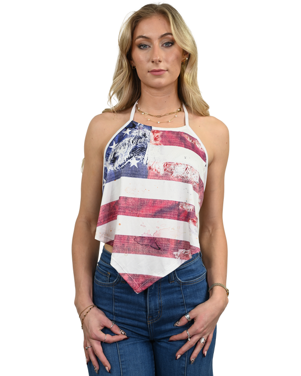 Liberty-Wear American flag halter top featuring a vibrant stars and stripes pattern on a sleeveless patriotic riding shirt