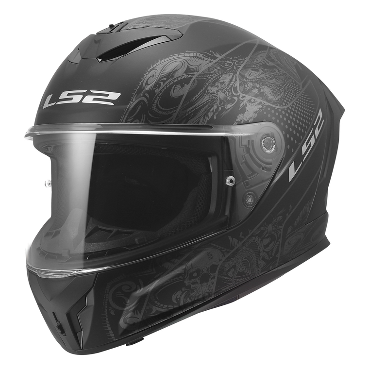LS2 Rapid Crypt full face motorcycle helmet in matte black with skull graphics and clear shield