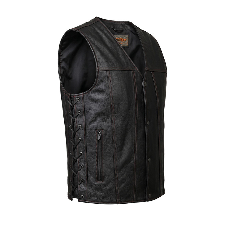 UNIK Blackhills premium black leather motorcycle vest front view with hidden zipper and snap closure