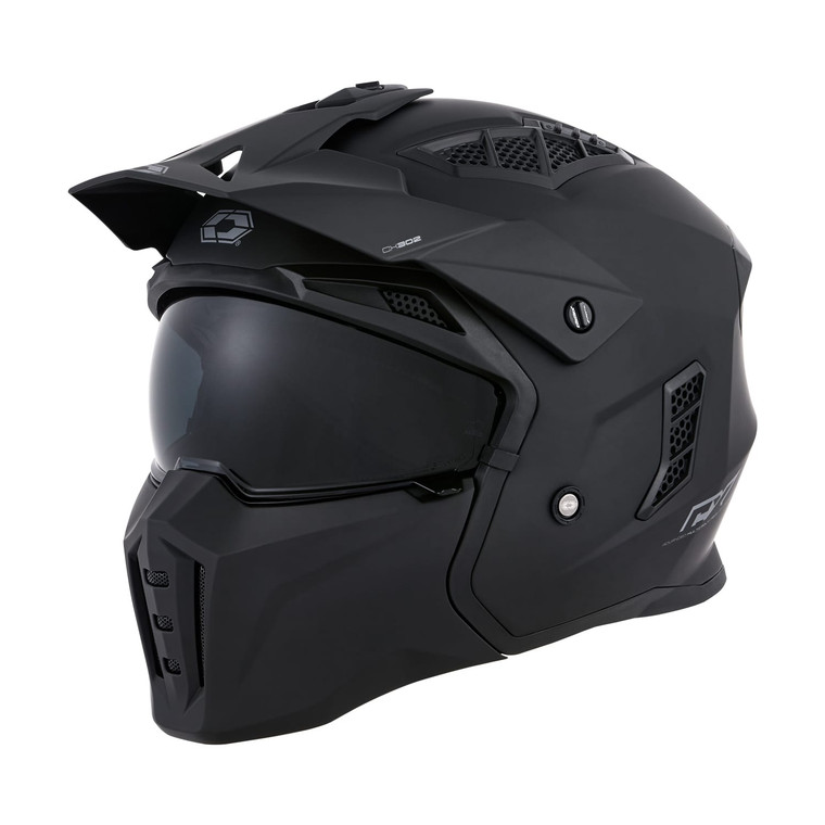 Castle X CX302 4-in-1 convertible street motorcycle helmet in matte black with integrated camera mount