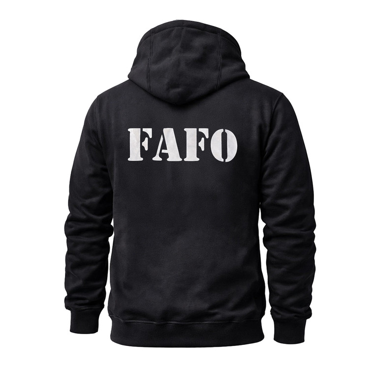 Back view of FAFO reflective biker hoodie glowing bright white under headlights during night ride