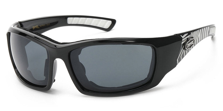 White Design Padded Biker Sunglasses – black frame with white accents, featuring foam padding and shatterproof lenses