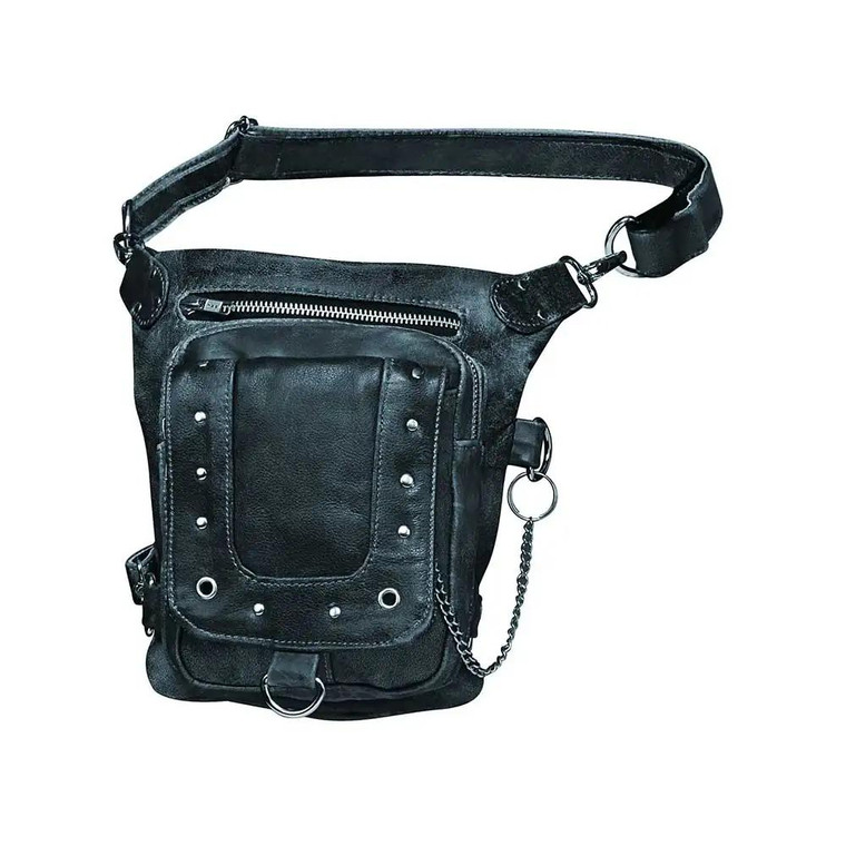 Gray leather thigh bag with concealed carry pocket for motorcycle riders
