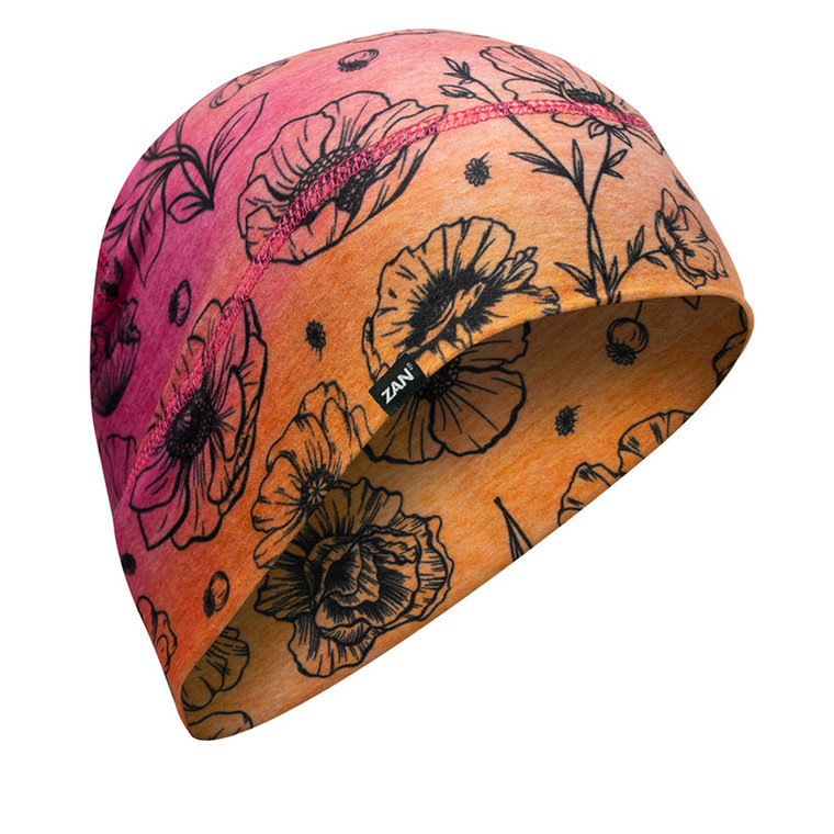Ladies biker beanie hat featuring sunset poppies graphics