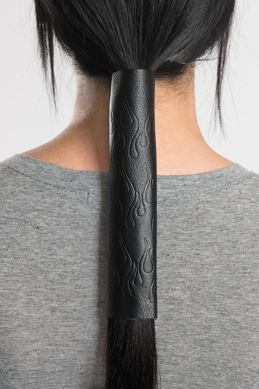 Flame Embossed Leather Biker Hair Glove 8-Inch Hair Wrap