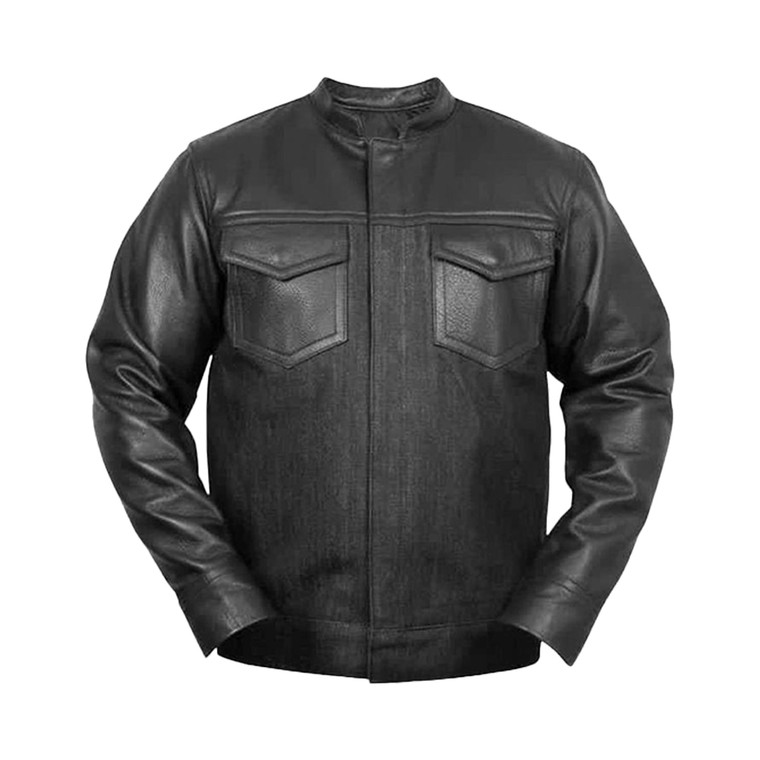 Unik men's black denim and leather motorcycle jacket