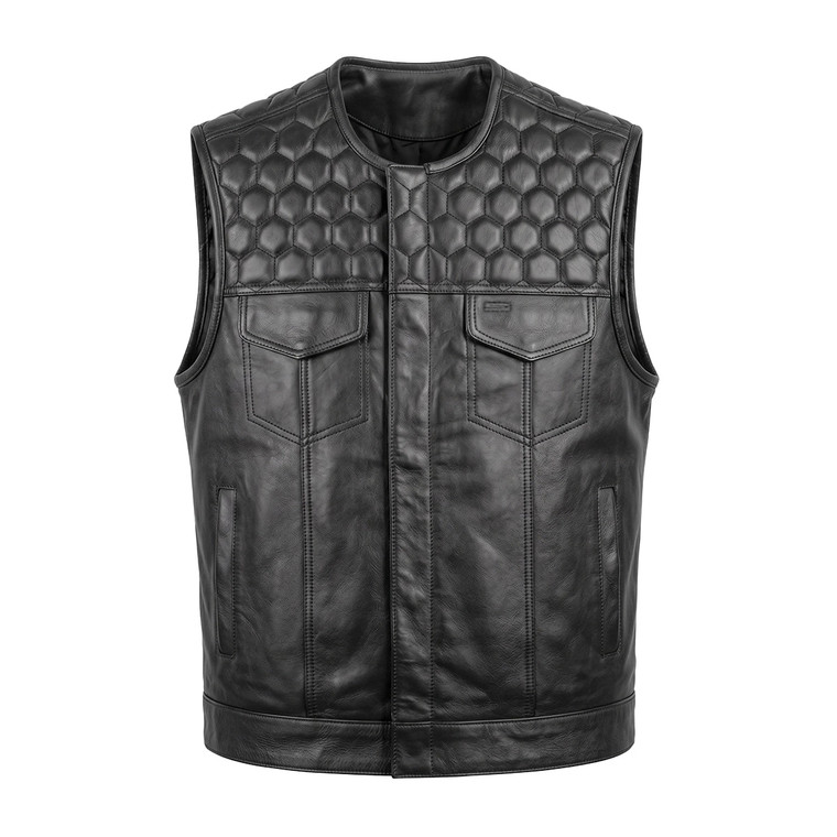 Unik men's black leather motorcycle vest with honeycomb stitching