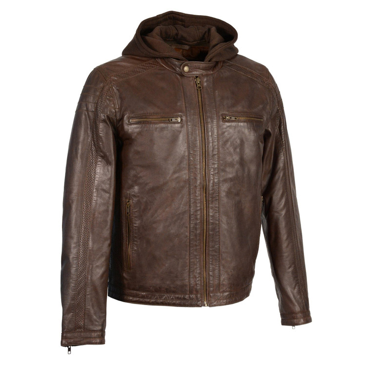 Milwaukee Leather men's brown leather motorcycle jacket with removable hood