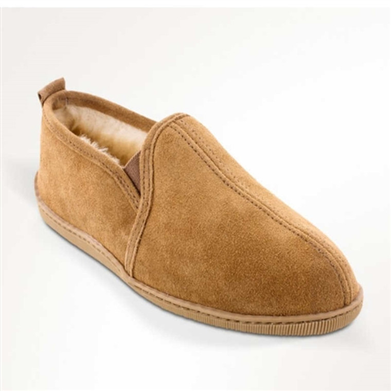 Mens Minnetonka Sheepskin Slippers, Golden Tan Suede