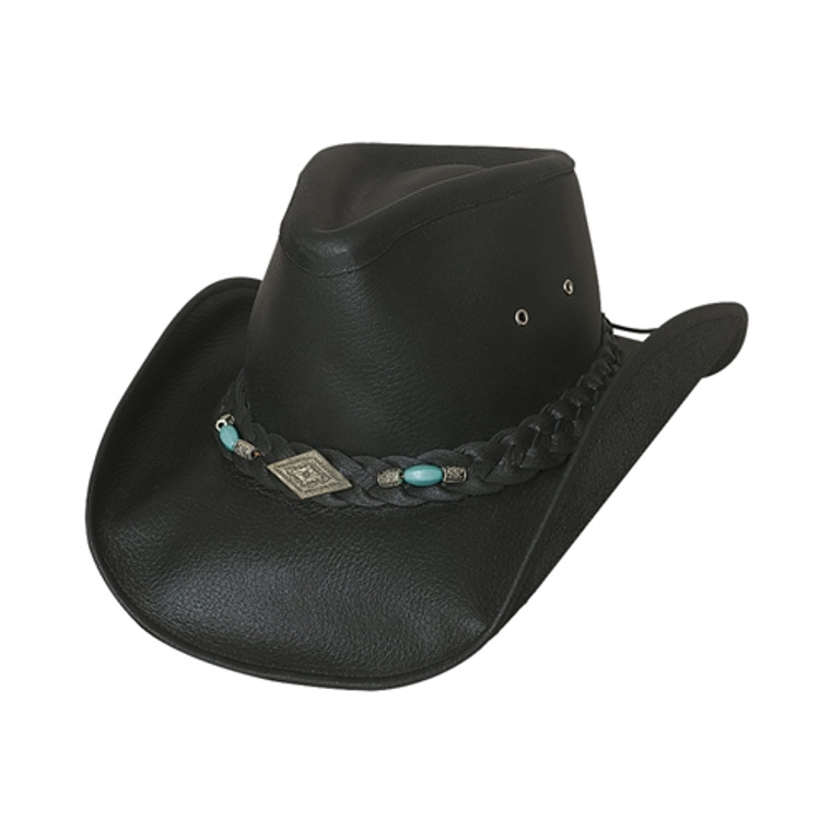 Bullhide Turquoise Concho Black Leather Cowboy Hat featuring braided leather band with turquoise and silver-tone conchos Bullhide Turquoise Concho Black Leather Cowboy Hat featuring braided leather band with turquoise and silver-tone conchos