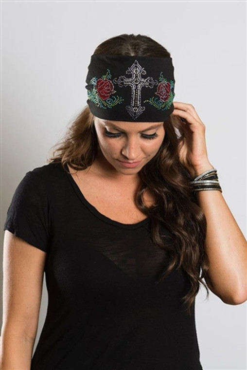 Super Bling Rose & Cross Headband with rhinestones on soft cotton-spandex biker hair wrap Super Bling Rose & Cross Headband with rhinestones on soft cotton-spandex biker hair wrap