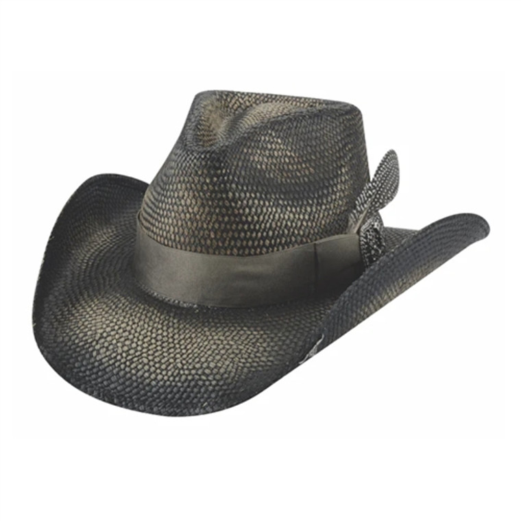 Bullhide Western Couture distressed Panama straw cowboy hat with shapeable 3¾" brim, rhinestone-studded emblem, and feather ribbon band