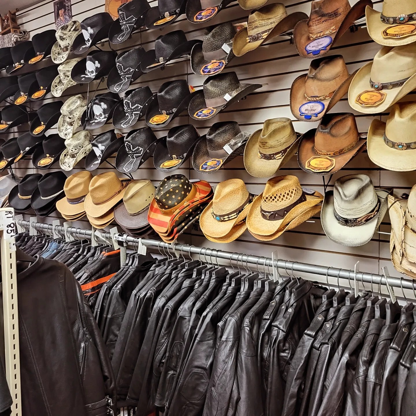 Western and cowboy hats on display at Leather Bound NJ motorcycle store in Maple Shade New Jersey