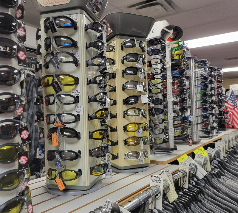 Foam padded windproof motorcycle sunglasses on display in Maple Shade New Jersey store