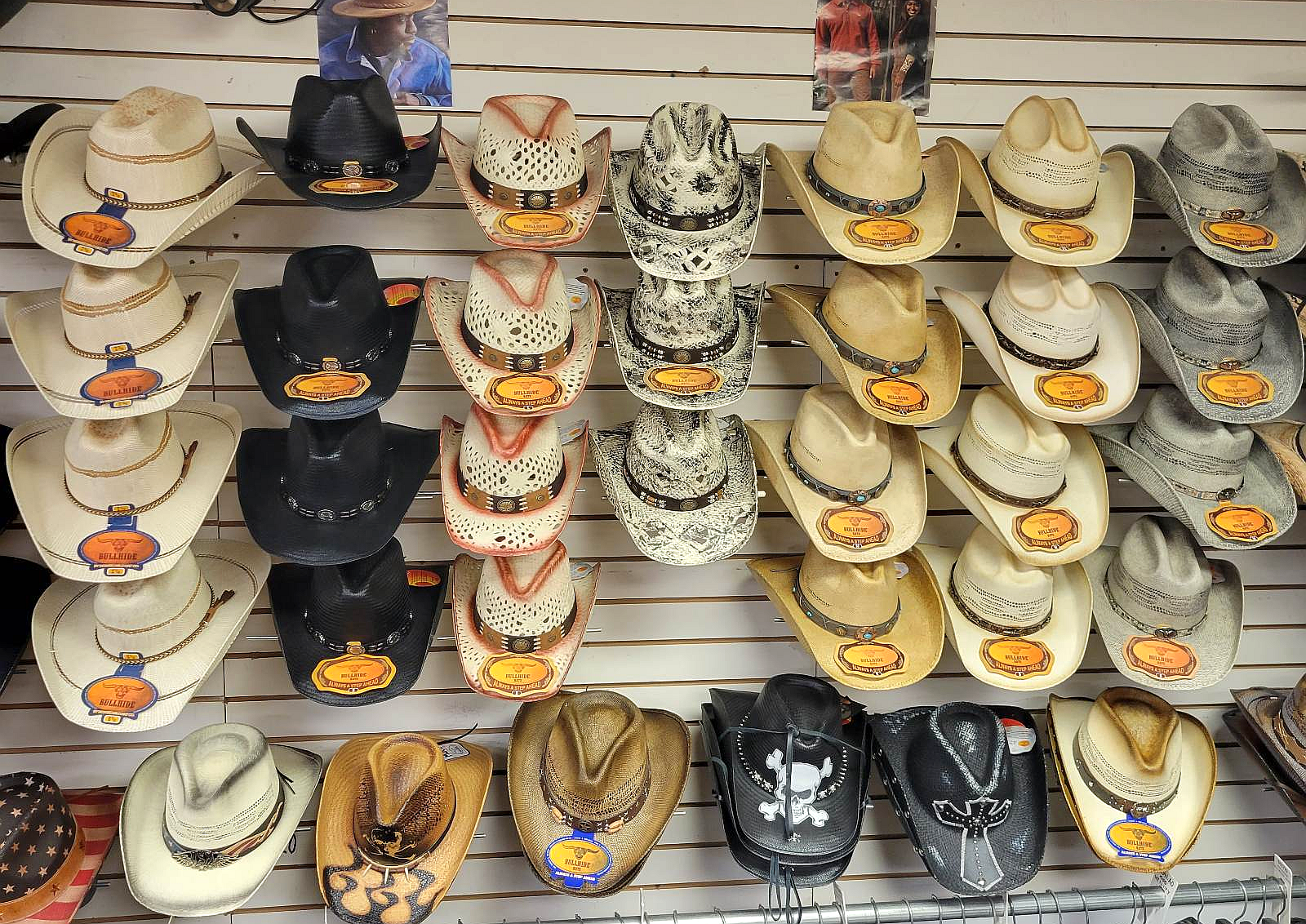 Straw cowboy hat selection at Leather Bound NJ motorcycle gear store in Maple Shade NJ
