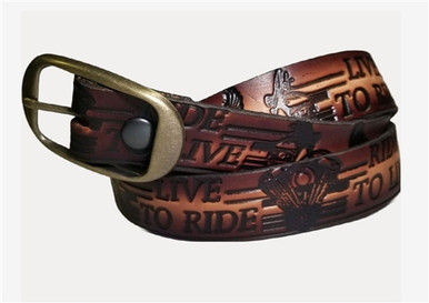 Live to Ride Embossed Brown Leather Biker Belt | Leather Bound NJ