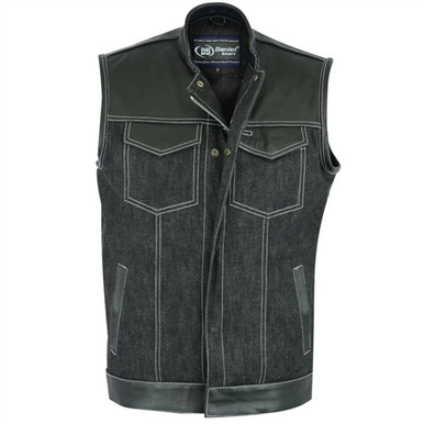 Shop Men's collarless black denim motorcycle vest with snap and hidden  zip-front Online - SUNSET LEATHER