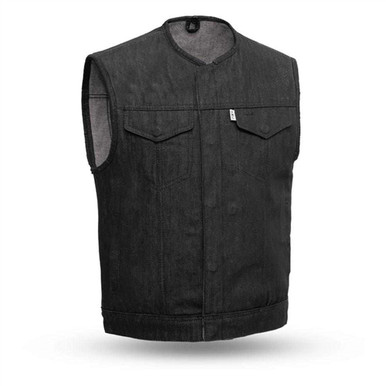 Collarless Black Raw Denim Motorcycle Vest by First MFG | Leather
