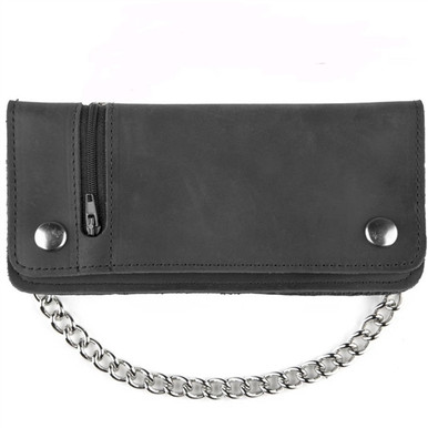 XL Black Leather Chain Wallet with Zip Compartment | USA Made